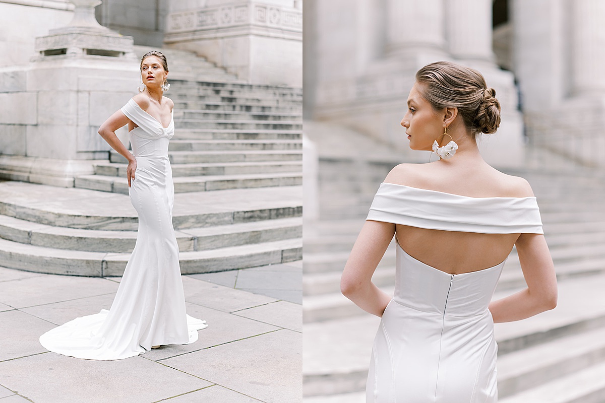 bride in minimalist wedding gown poses in new york city for Beccar couture lookbook shoot