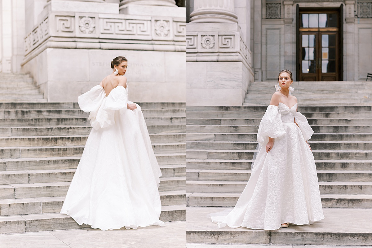 bride in ballgown wedding dress poses at NYC public library for Beccar couture lookbook shoot