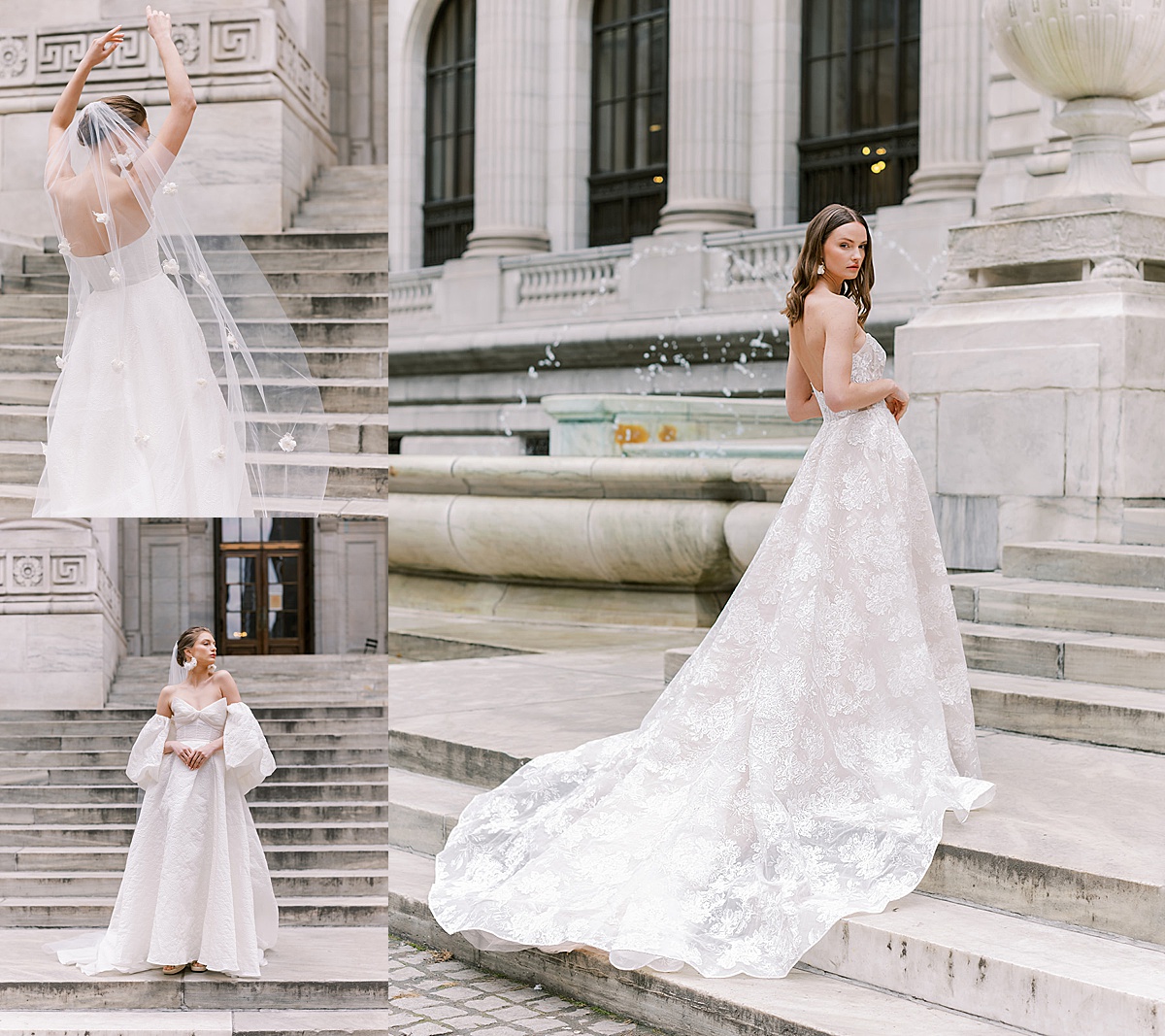women pose in elegant bridal gowns for Beccar couture lookbook shoot in New York City