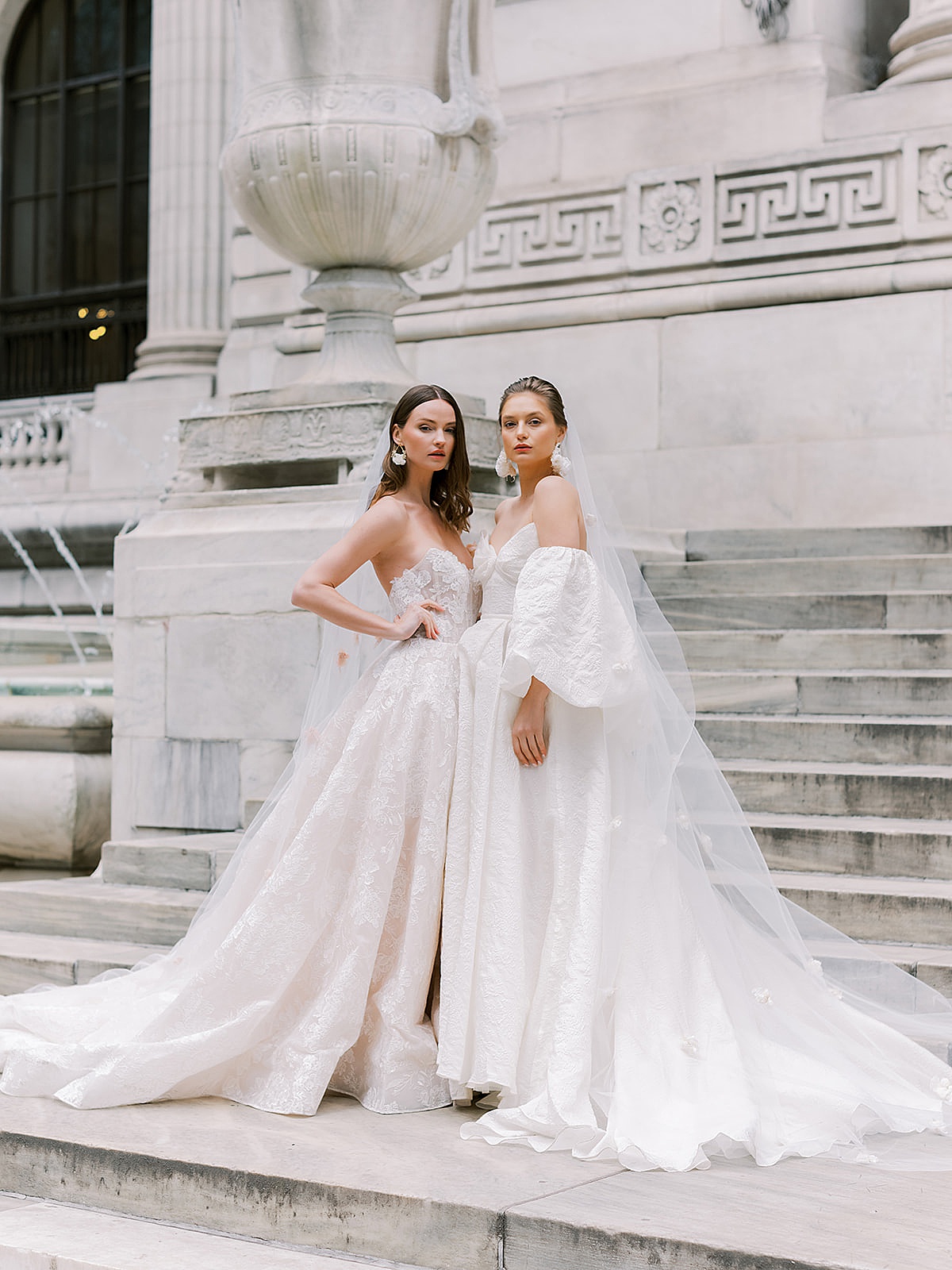 Women pose in elegant ballgown wedding dresses during Beccar couture lookbook fashion shoot