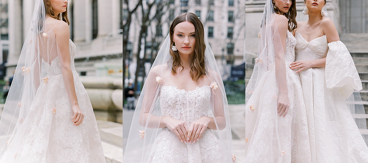 women in lace wedding dresses and embellished veils pose for Beccar couture lookbook NYC fashion shoot