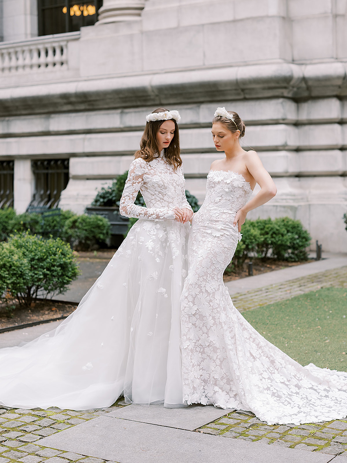 women in chic modern lace wedding dresses pose wearing flower tiaras during Beccar couture lookbook shoot