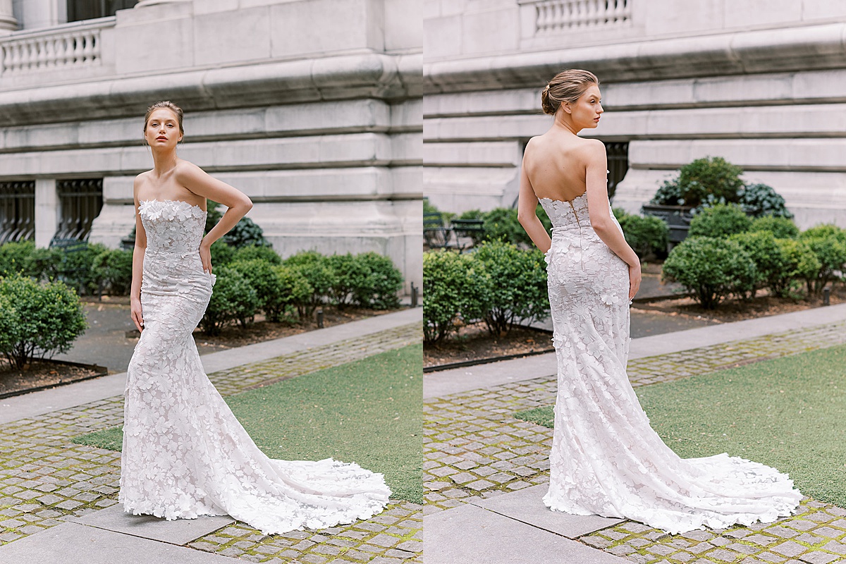 woman in elegant lace wedding dress with narrow silhouette poses for Beccar couture lookbook shoot