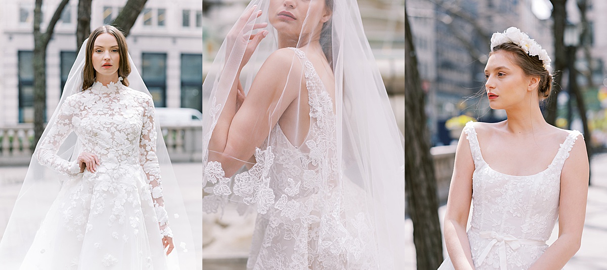 women in elegant lace wedding gowns pose for lookbook shoot by NYC Fashion Photographer