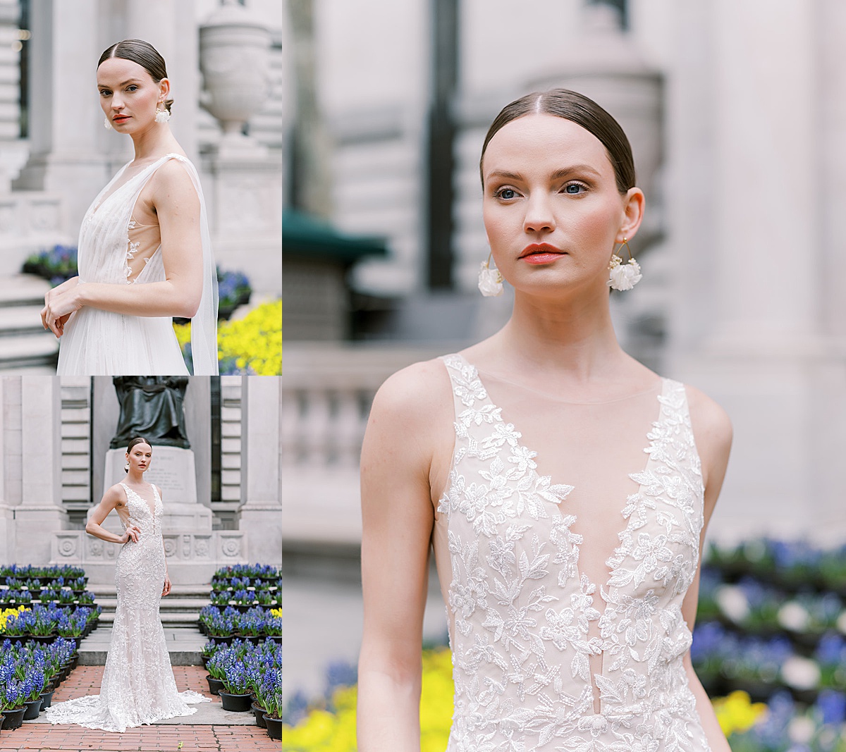 model in delicate lace wedding gown with plunging neckline poses for NYC shoot with Sophie Kaye Photography