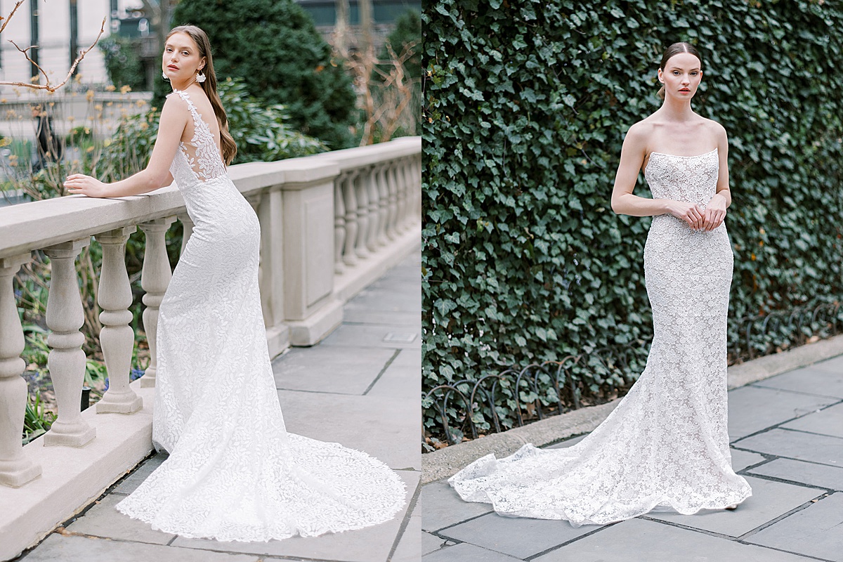 woman in elegant, modern lace wedding dress poses in NYC for lookbook shoot with Sophie Kaye Photography