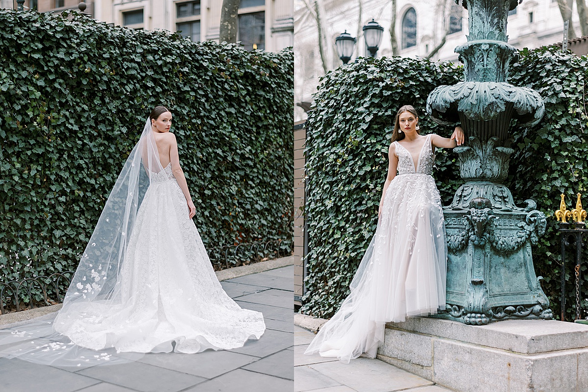 women in modern ballgown wedding dresses pose at Byant park in NYC fashion shoot with Sophie Kaye Photography