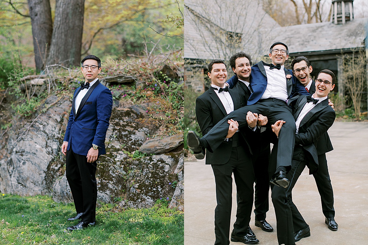 Groom and groomsmen pose and laugh before black tie Westchester Blue Hill Wedding