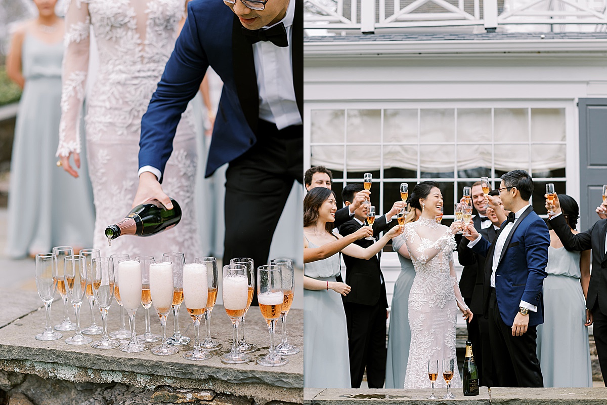 Groom pours champagne for wedding party before black tie wedding shot by Destination Luxury Photographer