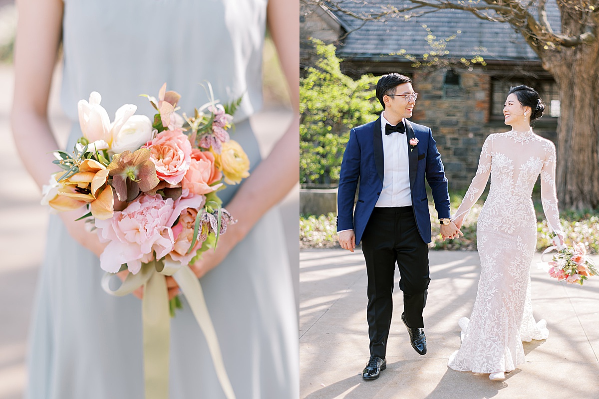 groom and bride with pastel bouquet pose in new york outdoor venue before wedding shot by Destination Luxury Photographer
