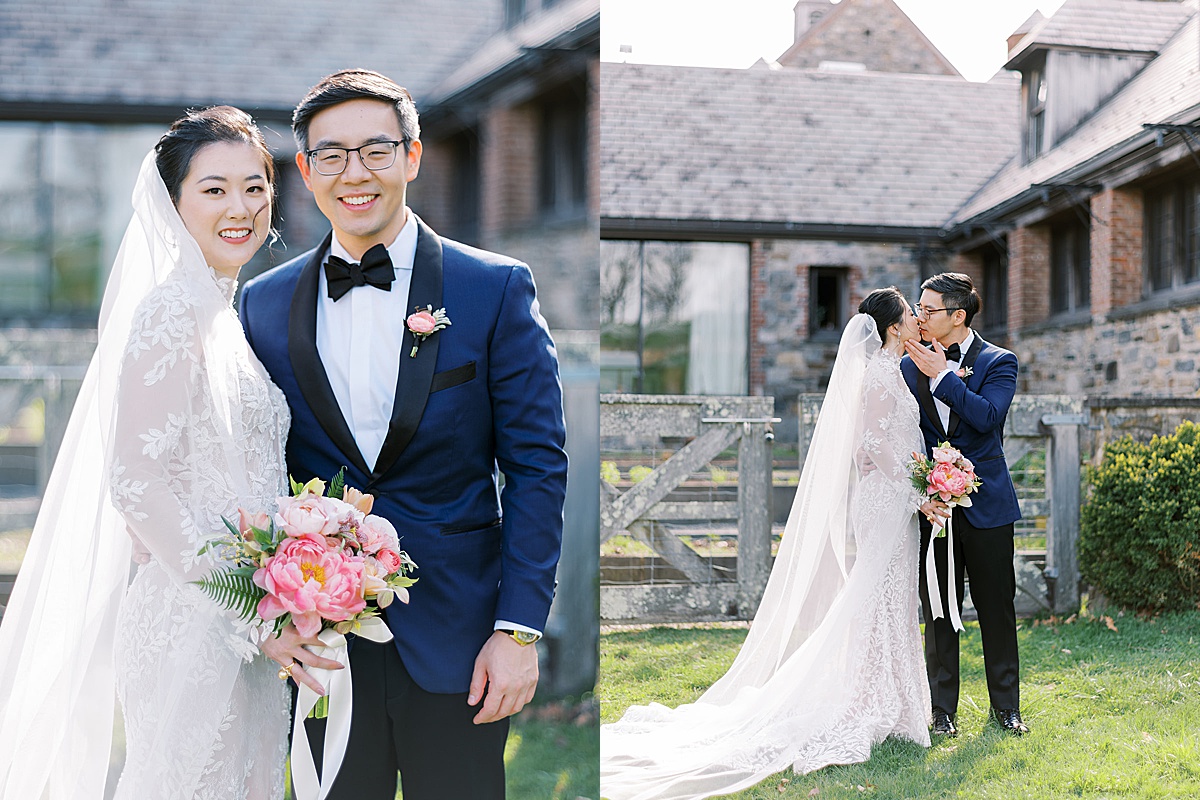 Bride and groom pose at blue hill at stone barns for idyllic wedding shot by Destination Luxury Photographer