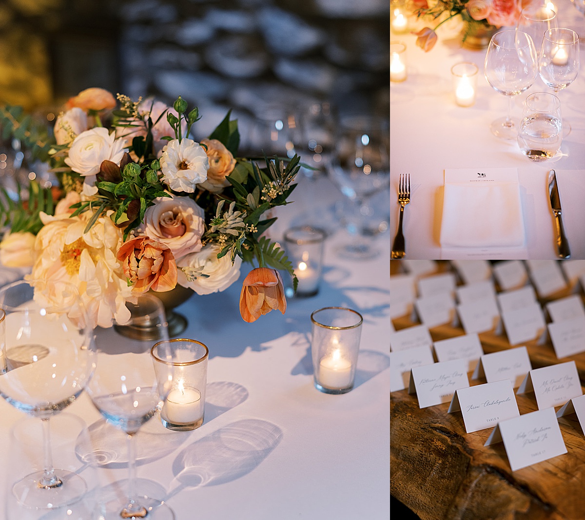 wedding reception place settings, menu, and candlelit bouquets and glassware at NY celebration shot by Sophie Kaye Photography