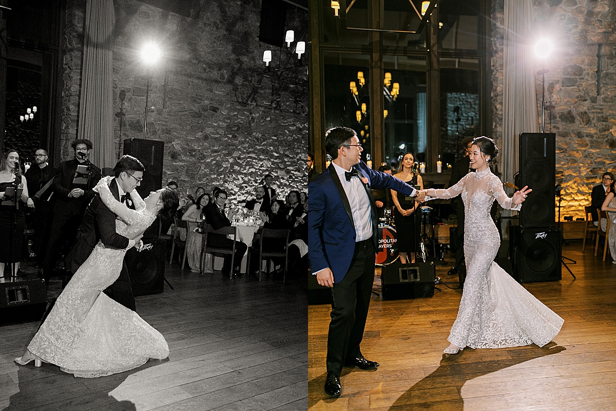 newlywed bride and groom share first dance at elegant wedding reception shot by Sophie Kaye Photography
